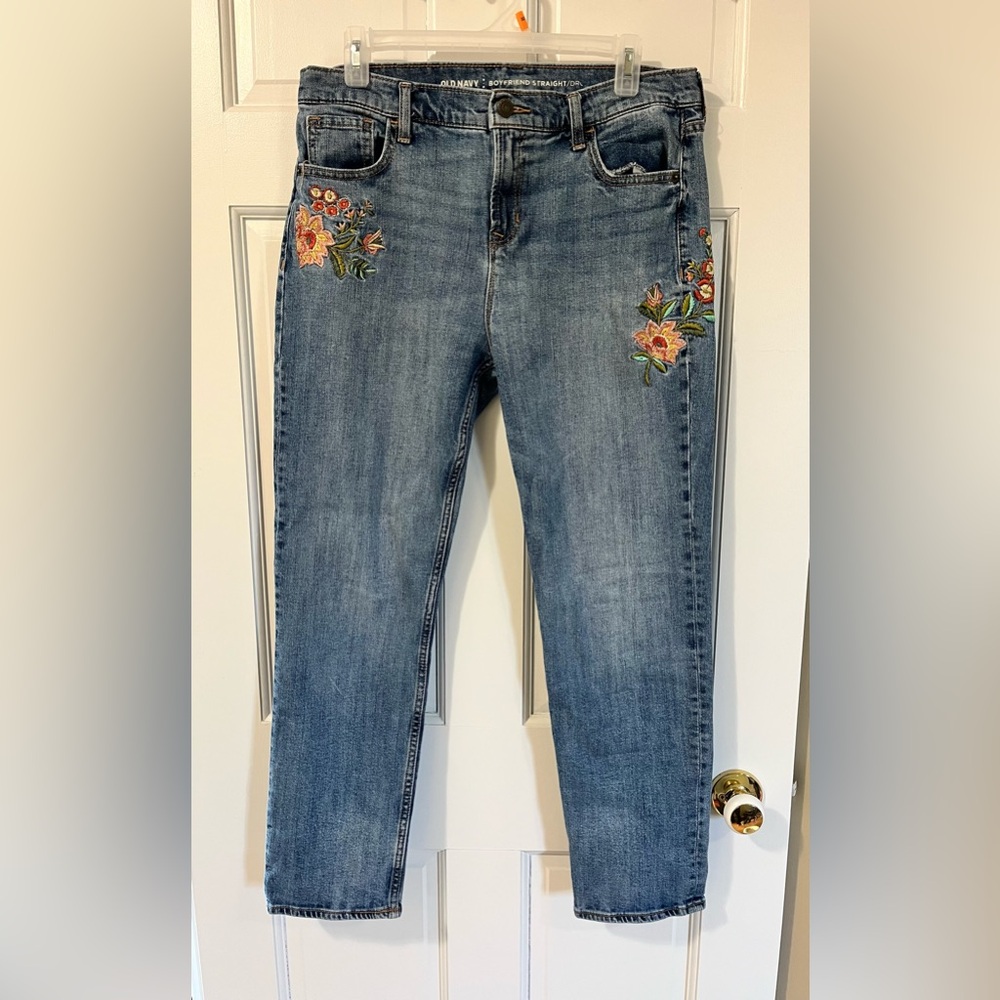 Old Navy Blue Ankle Jeans with Floral Embroidery
